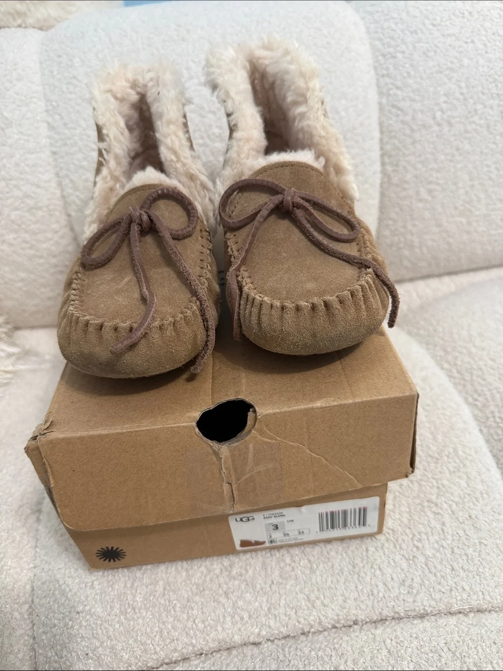 UGG Kids Chestnut Brown Suede Moccasin Slippers with Shearling Lining